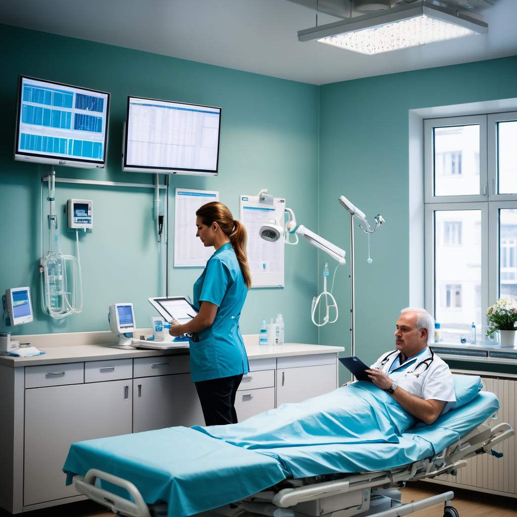 In this Hamburg hospital room, a doctor checks patient records as a nurse attends to another patient amidst surrounds of medical tools, charts, and a TV displaying healthcare system statistics on causes of death.