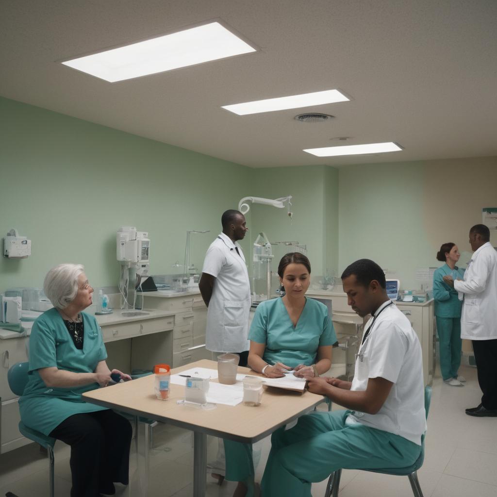 The image depicts a bustling Saint Denis hospital, with doctors conducting tests, healthcare workers discussing medical reports, diverse patients awaiting treatment, and an array of diagnostic tools, while a support group meeting offers moments of quiet reflection.