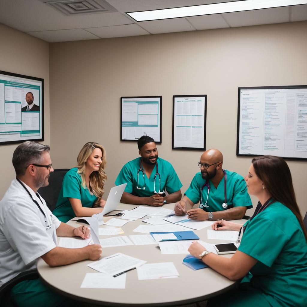 A dedicated team of healthcare professionals at Parkview Medical Center gather around a table adorned with mental health posters and a whiteboard, collaborating on support services for psychiatrists and psychologists in Pueblo via an open laptop.