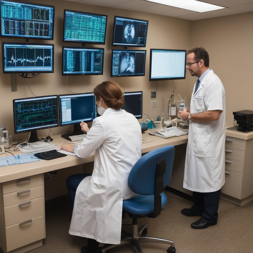 At The Cardiology Group in New Haven, Connecticut, Dr. Colton Hughes diligently updates patient records amidst advanced equipment while colleagues collaborate on complex cases, emphasizing ongoing professional development and the importance of mental health services within an integrated healthcare network.