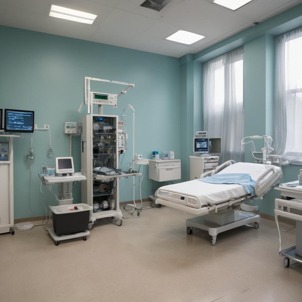 In St. Joseph's Hospital in Wiesbaden, a hospital room is bustling with medical personnel saving a patient's life amidst urgency, while anxious family members wait outside, highlighting the importance and challenges of quality healthcare in Mainz.