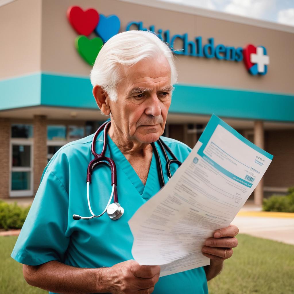 An elderly man stands anxiously outside Children's Medical Center - Plano in Carrollton, Texas, with the hospital's sign displaying a heart icon, seeking a sweat chloride test for his child amidst other indifferent passersby, symbolizing the challenges and importance of accessing pediatric healthcare.