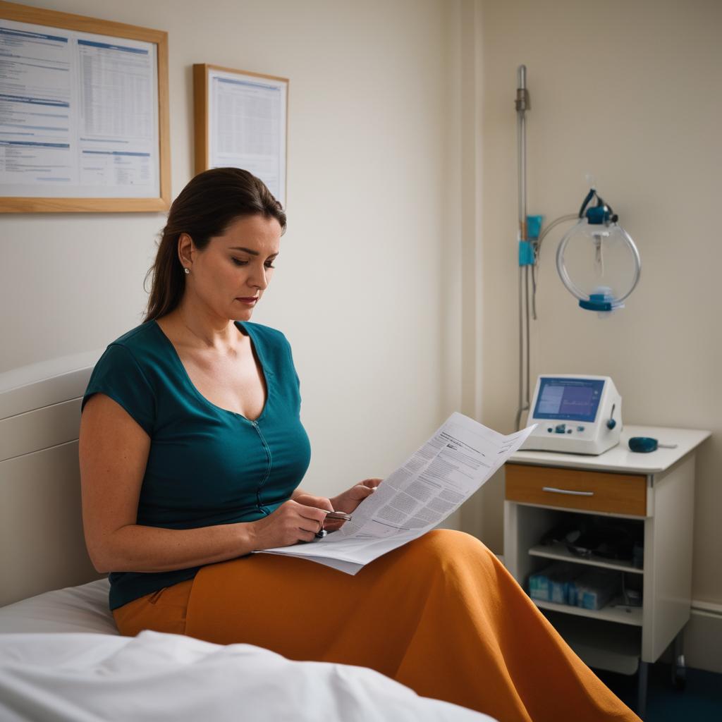 A woman named Nicky, residing in Lincoln UK, sits anxiously on her hospital bed, examining her NHS medical report revealing high blood pressure and diabetes, as she grapples with the challenging prospect of affording gallbladder removal surgery due to financial constraints, amidst a hospital setting with typical equipment and city view.