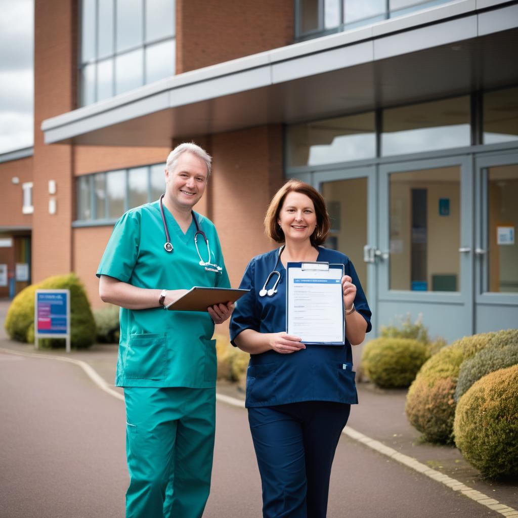 Two individuals consult costs and services outside Nuffield Health Warwickshire Hospital in Coventry UK, surrounded by signs to emergency, maternity, and surgery departments; behind them, other hospitals like George Eliot Hospital stand, symbolizing the decision between insurance, government aid, or self-payment for healthcare in Coventry, with addiction treatment centers visible in the background.