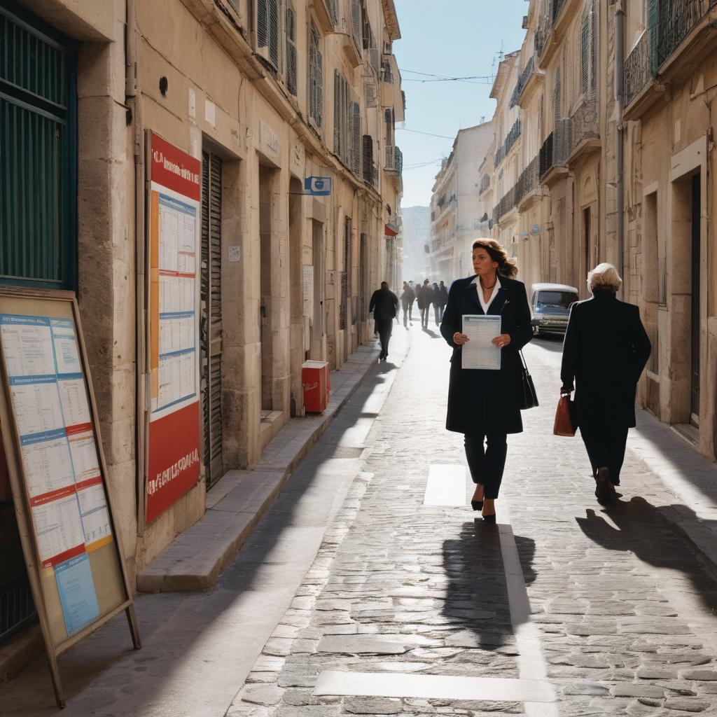 A bustling Marseille street scene shows a woman carrying a medical file, heading to the 