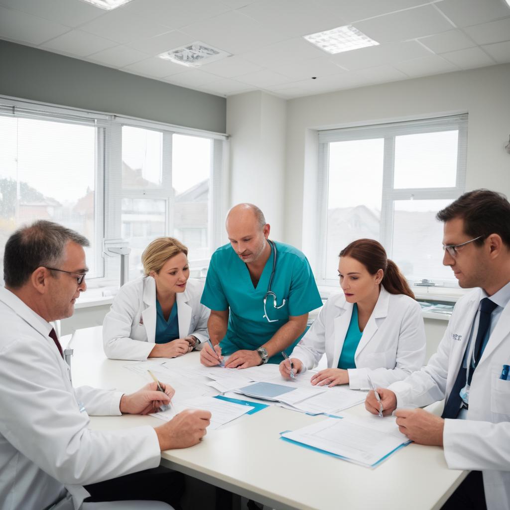 A focused group of medical professionals in Monchengladbach, Germany discuss and review local hospital data from 2012 to 2016 on procedures such as gastric bypass surgery, HIV testing, epidural steroid injection, and childbirth classes, highlighting their commitment to delivering top-notch healthcare services.