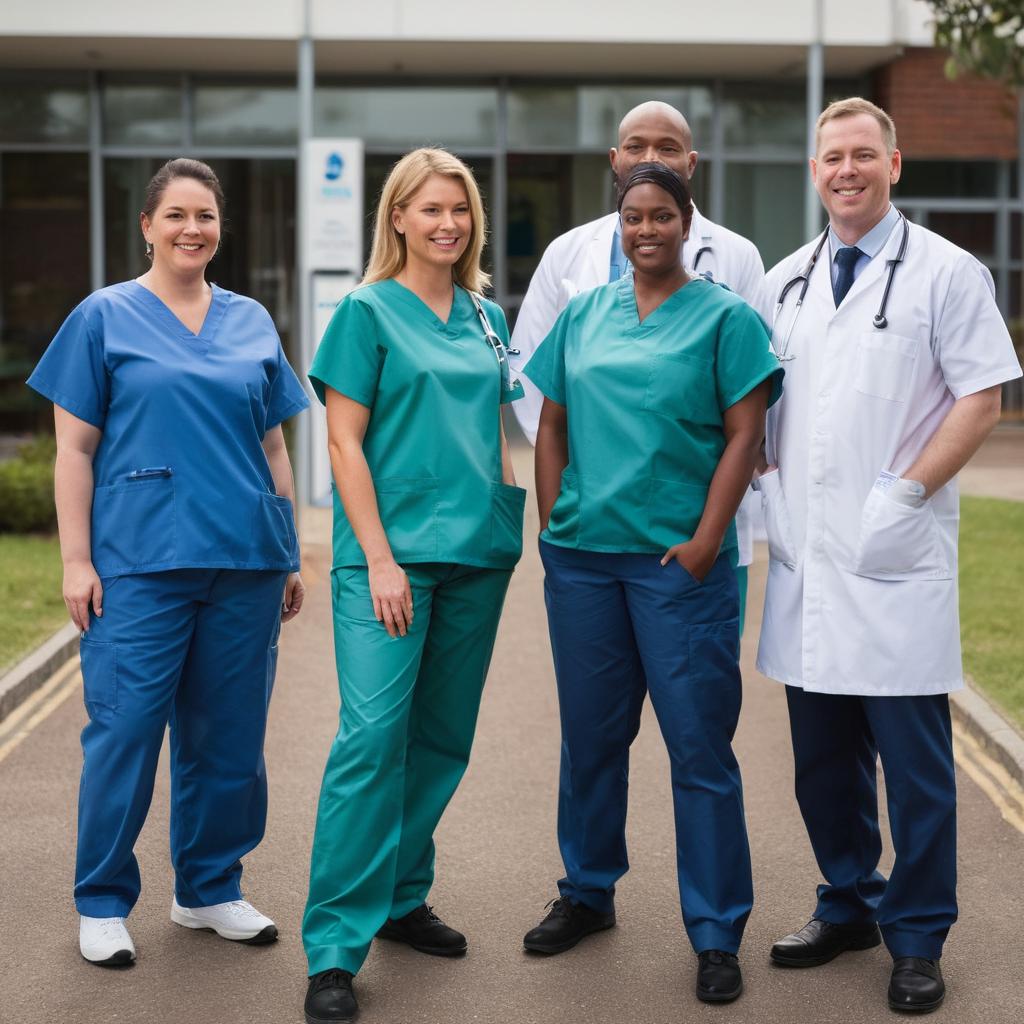 A dedicated team of medical professionals outside Kettering's Isebrook Hospital in the UK are ready to deliver top-notch healthcare services with advanced technology and expertise, including endoscopies, surgeries, x-rays, and first aid, while proudly displaying their commitment to professionalism and patient care. (Dr. Miranda York represents.)