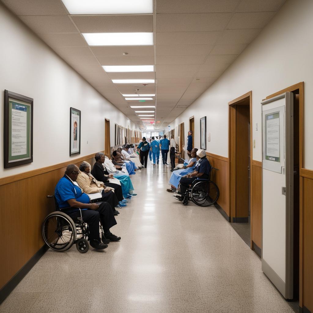 In San Francisco's bustling hospital lobby, patients and their families eagerly await expert medical attention amidst informational posters, screens displaying healthcare providers, and a constant flow of nurses, doctors, and essential medical equipment.