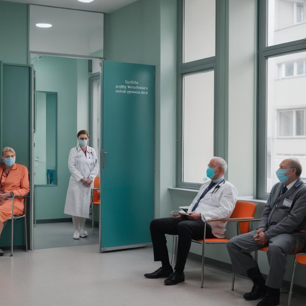 In this hospital waiting room in Dresden, individuals from diverse backgrounds, dressed in masks, relax or fret while awaiting care; walls display medical procedure posters, as bustling doctors and nurses prepare for appointments beyond the large window.